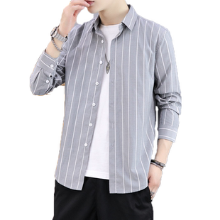 衬衫男长袖条纹外套休闲上衣服秋季韩版潮流修身帅气百搭衬衣男装