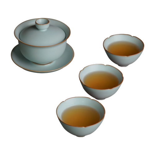 汝窑盖碗茶杯套装礼盒装景德镇汝瓷功夫茶具冰裂开片可养复古青瓷