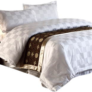 五星级宾馆酒店旅馆床上用品布草 白色四件套全棉象棋格贡缎提花