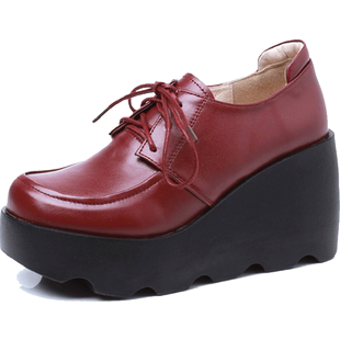 2025春新款手工真皮休闲单鞋女厚底坡高跟系带圆头舒适女鞋皮鞋