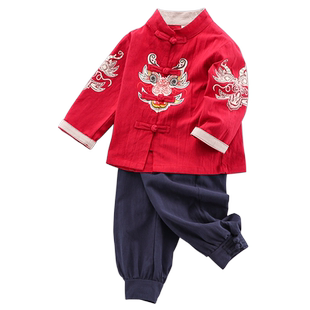 男童抓周服春秋冬款棉麻拜年服中式周岁礼服棉衣儿童唐装汉服套装