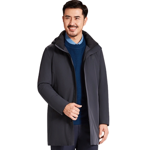 红都冬季新款中长款中年男士羽绒服商务休闲可拆卸帽子羽绒服外套