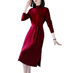 加厚冬款打底连衣裙女红色秋冬长袖配大衣洋气显瘦内搭中长款裙子