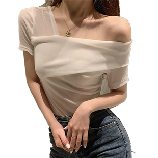 2026新款女装修身显瘦雪纺衫性感露肩心机一字肩上衣女神气质纯欲