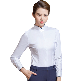 东航空姐白衬衫职业衬衣女长袖立领盘扣上衣空乘工装复古工作服