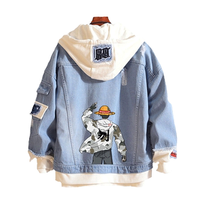 ins超火夹克外套假两件牛仔卫衣连帽男韩版潮流秋冬季加绒加厚