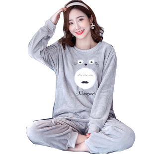 珊瑚绒加肥加大码胖mm200斤睡衣女秋冬宽松灰色加厚法兰绒两件套