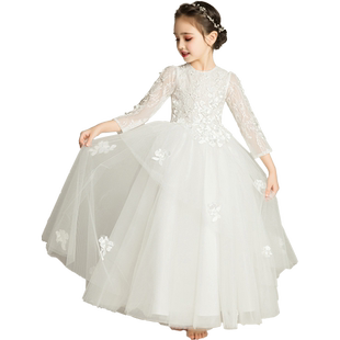 儿童礼服公主裙女童婚纱白色花童长裙蓬蓬纱裙钢琴演出表演服洋气