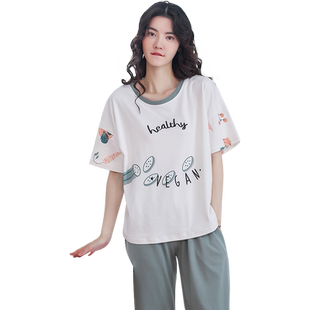 秋鹿门店清仓春夏季睡衣短袖七分裤纯棉圆领休闲卡通印花家居服