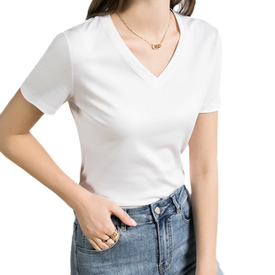 2026夏季新款丝光棉V领T恤女短袖修身纯色春款基础半袖女装上衣