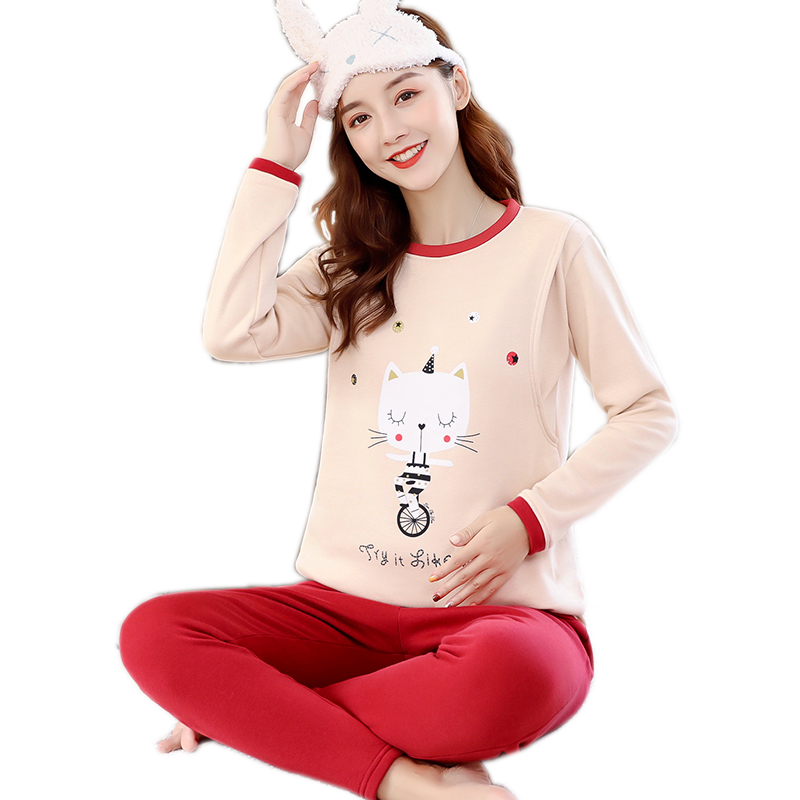 孕妇保暖内衣套装加绒加厚月子服哺乳睡衣产后秋衣秋裤怀孕期冬季