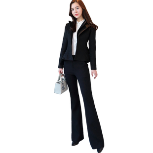 2025秋冬装新款职业女裤套装显瘦微喇叭长裤收腰毛呢小西装外套女