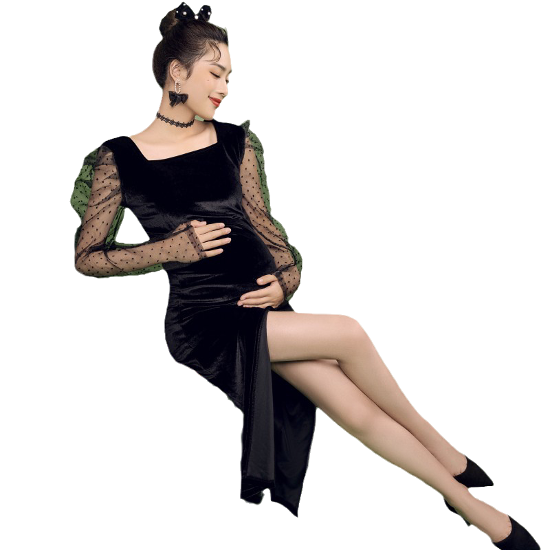 孕妇摄影服装黑色丝绒孕妈礼服