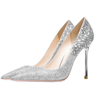 HLTINO婚宴鞋银色高跟鞋女2025年早春新款细跟尖头亮片单鞋子10cm