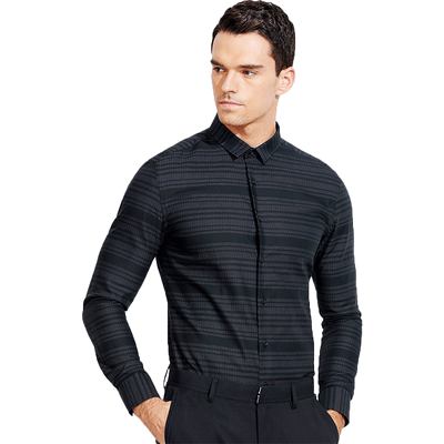 元本黑色条纹肌理提花长袖衬衫