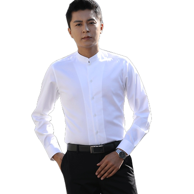 中华立领衬衫男长袖纯棉中年白色商务免烫中山装休闲男士圆领衬衣