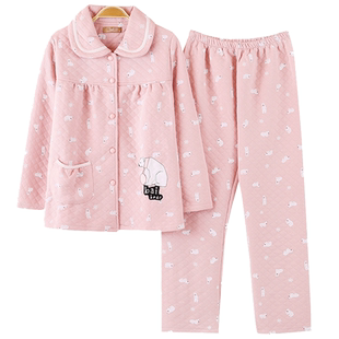 夹棉睡衣女秋冬季纯棉加厚三层保暖加棉空气夹层加大码家居服套装