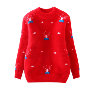 新年红色圣诞女童水貂绒毛衣2025秋冬中大童装针织打底衫加绒加厚