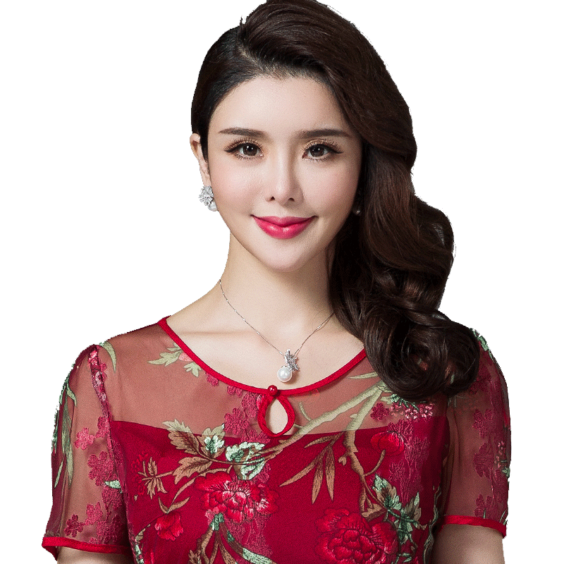 古贝莎品牌女装时尚修身A字网纱夏装妈妈装显瘦印花连衣裙子