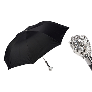 Pasotti意大利黑色伞面银狮手柄男士手工定制半自动折叠晴雨伞