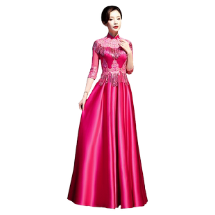 紫缘萱长款晚礼服玫红色五分袖模特走秀团队大合唱舞台演出服显瘦