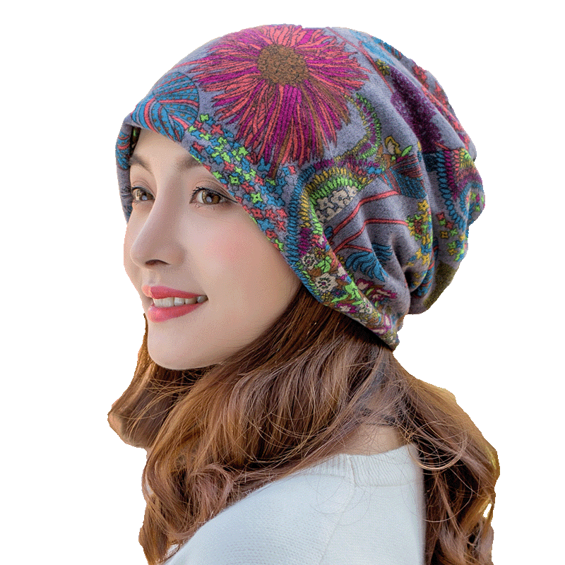 花朵帽子女秋冬天韩版保暖休闲套头帽两用帽围脖套护耳帽包头帽