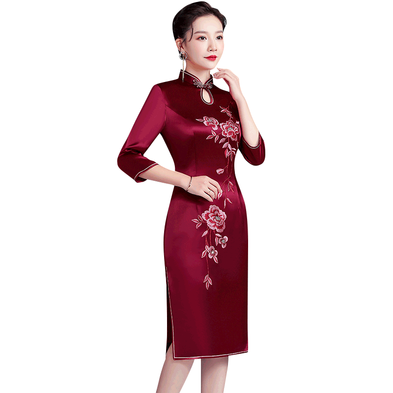 秋季气质醋酸婚宴连衣裙改良旗袍