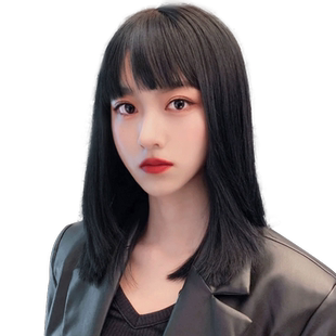 假发女中长发全头套式真发黑长直真人发丝漫画齐刘海一刀切锁骨发
