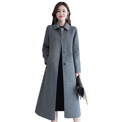 千鸟格中长款外套双面羊绒大衣