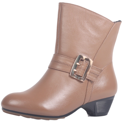 女靴子短靴女春秋季真皮单靴中跟短筒靴女式牛皮大码女鞋粗跟4143