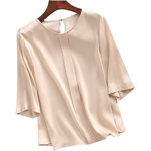 重磅真丝绸缎面t恤女2025夏新款大码短袖显瘦杭州纯色桑蚕丝上衣