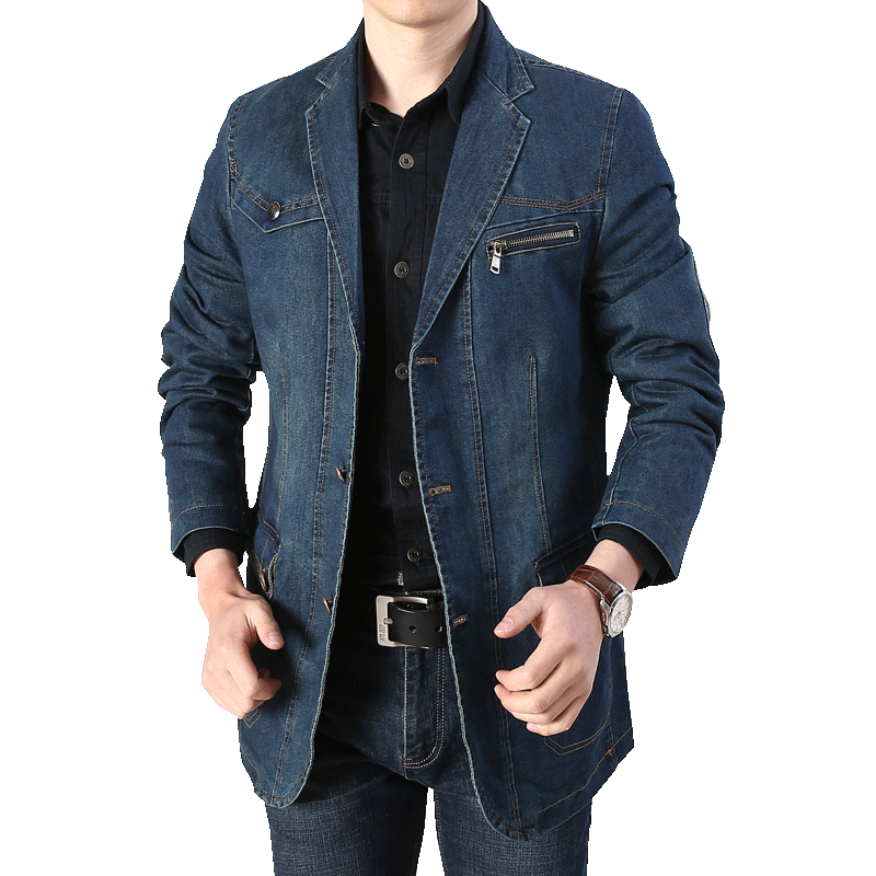 男士休闲舒适纯棉牛仔潮多袋西服