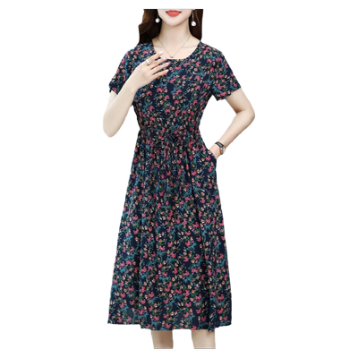 大码遮肚裙子碎花棉绸夏天妈妈装