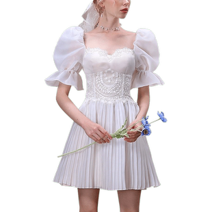 茬客【奶香吐司】连衣裙2025秋夏新款法式仙女蕾丝花边拼接百褶裙