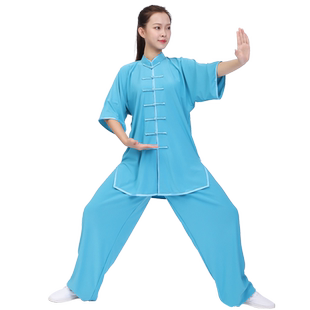 红棉太极拳练功服男女夏季新款改良高端飘逸牛奶丝长袖真丝练功服