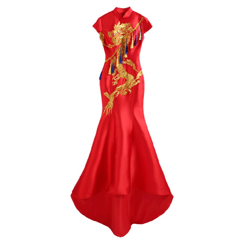 紫缘萱中国风高端拖尾礼服龙袍宴会晚装鱼尾模特走秀舞台表演出服