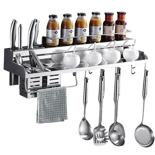 免打孔厨房置物架 壁挂304不锈钢收纳架调味架刀架挂件厨具用品