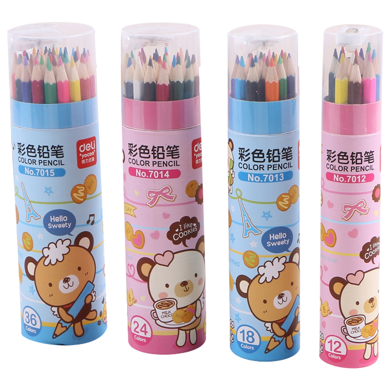 得力文具24色36色48色筒装彩色卡通铅笔学生蜡笔带卷笔刀彩铅手彩色铅笔美术用品绘画套装儿童铅笔批发包邮