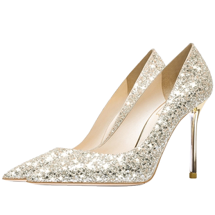 HLTINO2025春季新款高跟鞋女新娘鞋金色婚鞋亮片细跟尖头浅口单鞋