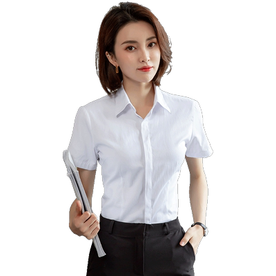 白色职业新款v领工作服短袖衬衫