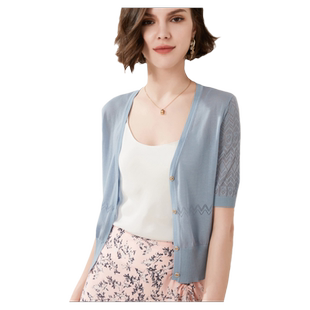 MintSiren浅蓝色短袖针织开衫莱赛尔薄款镂空中袖半袖短小披肩夏