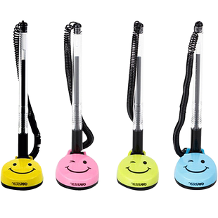 得力台笔可爱固定签字笔带绳吧台笔银行前台微笑中性笔柜台桌面服务金属粘桌笔0.5固定笔座带线办公用品批发