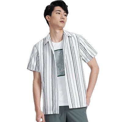 棉麻透气古巴领条纹口袋休闲短袖