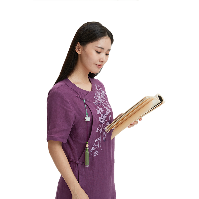 慈缘新中式原创圆领复古水洗亚麻绣花改良旗袍夏季连衣裙