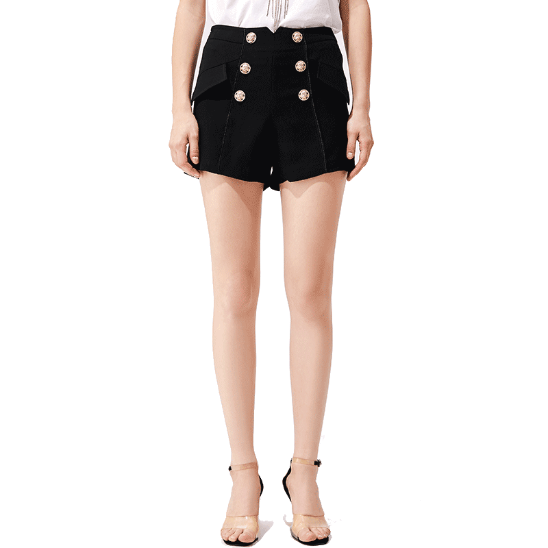 夏季新款精美双排扣高腰垂坠短裤