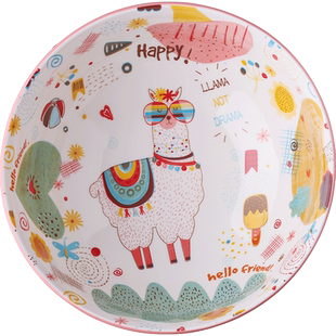 羊驼周末米饭碗可爱卡通创意家用菜盘子双耳网红陶瓷餐具碗盘套装