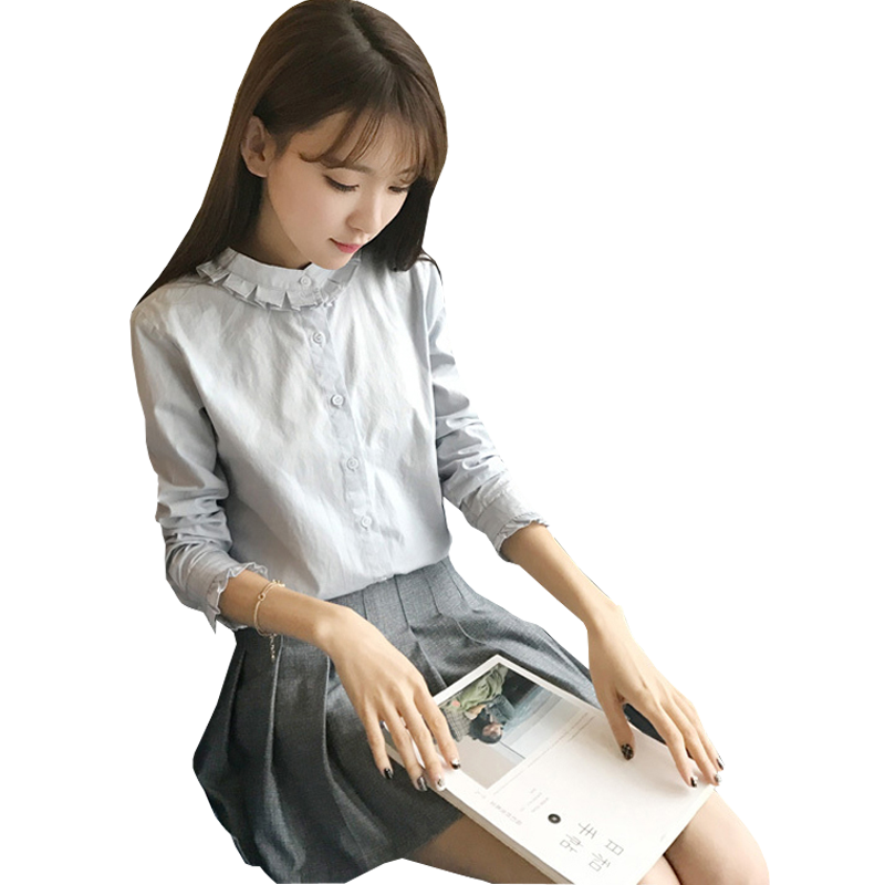 2023秋裝新款小清新純棉白襯衣女木耳花邊立領(lǐng)情人花長袖打底襯衫