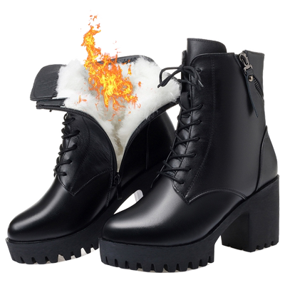 真皮加绒加厚高跟羊毛马丁靴短靴