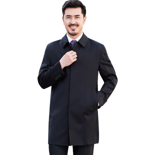 红都风衣男中年中长款羊毛翻领上班中国风后开叉男装风衣