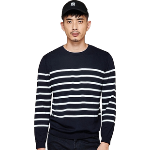 元本 百搭条纹针织衫 男秋文艺薄款横条撞色毛衣打底棉线衫